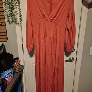 Zanzea Coral Orange V-Neck Long Sleeve Maxi Dress